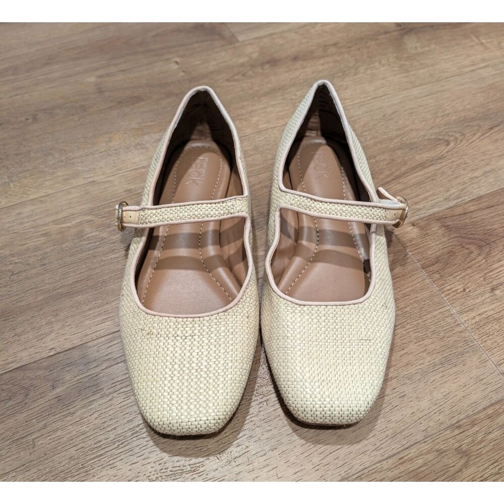 Nordstrom Rack Women Beige Straw Woven Mary Jane Flats Shoes Sz 7M Buckle Strape